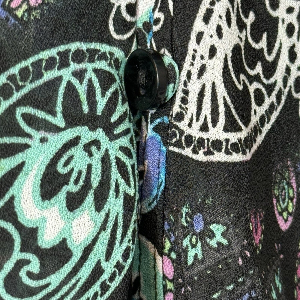 Roamans 16W XL Shirt Top Black Green Paisley Button Up Bell 3/4 Sleeve V Neck - Picture 3 of 8